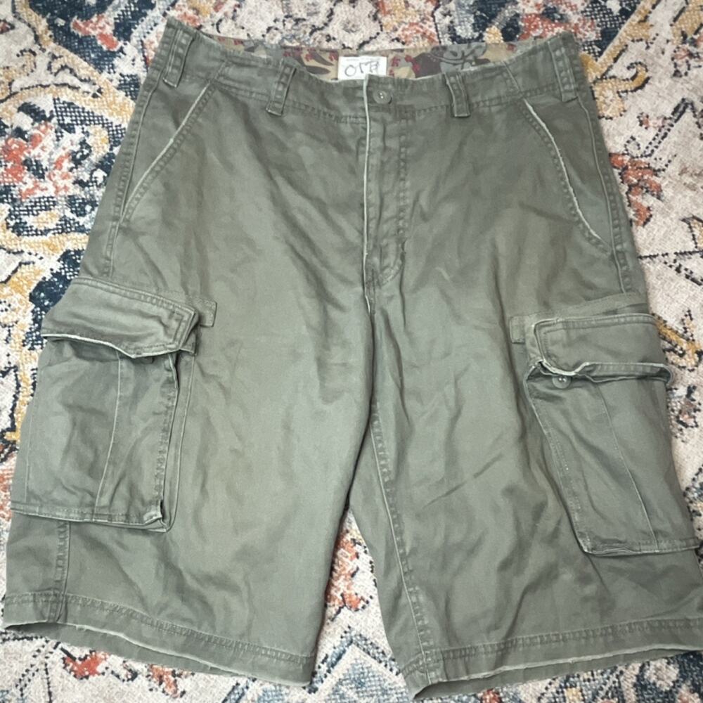 OTB Men's Green Cargo Shorts Ramie Cotton Canvas Drawstring Cargo Pockets Sz 32